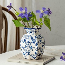 Small Blue and White Ceramic Vase, 6 Inch Vintage Chinoiserie Flower Vase Dec...