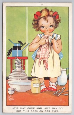 Freda Mabel Rose Artist Signed Postcard ''Love May Come'' Girl Washing Dishes 1933