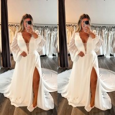 Boho Wedding Dresses Side Slit Lace Long Sleeves A Line Plus Size Bridal Gown