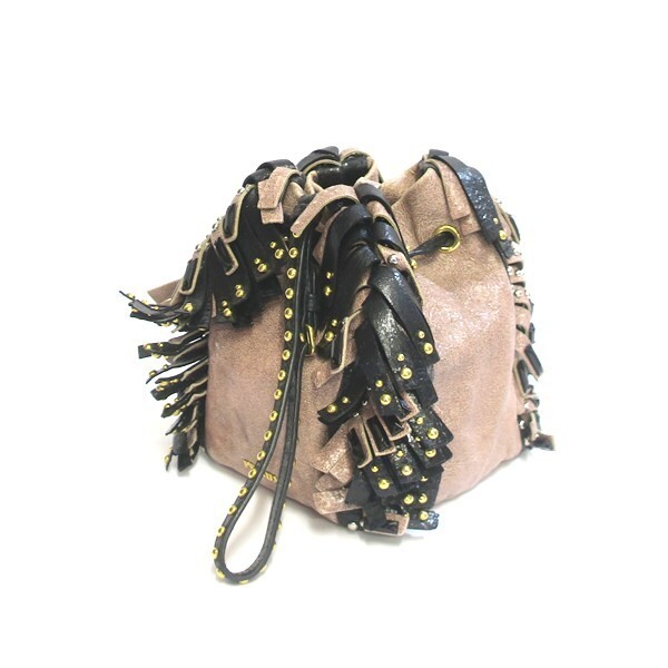 PRADA Fringe Bijou Studs Leather Drawstring Handbag Cracked Finish   Used AB thumbnail 2