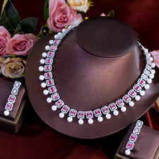 Hot Pink CZ Long Pearl Dangle Drop Necklace Earrings for Women Party Jewelry Set
