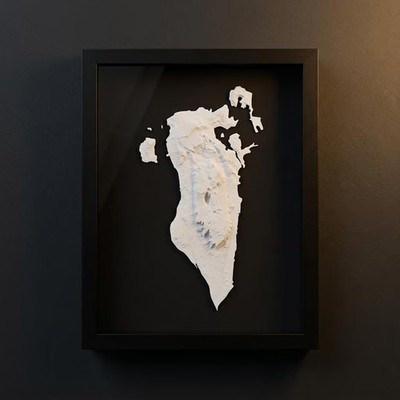 3D Bahrain Map Wall Art: Topography in Black Wood Frame