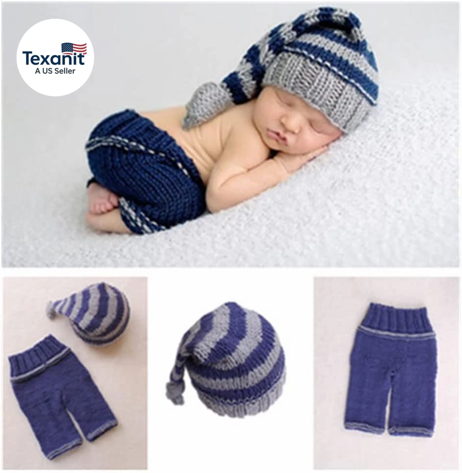 Newborn Baby Photo Shoot Props Girl Boy Crochet Knit Hat Costume Stripe Hat Pant