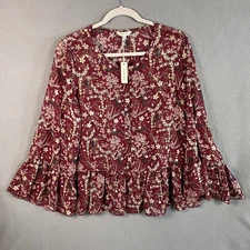 Max Studio Women's Bohemian Floral Flared Sleeve Blouse Size L Burgundy NWT