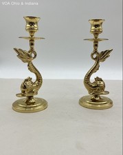 Pair of Vintage AF Baldwin Brass Dolphin Koi Fish Candle Holders 7.5