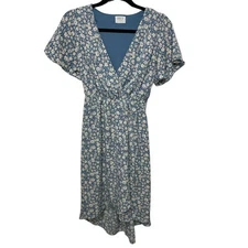 Sienna Sky Floral Ditsy Pattern Flutter Sleeves Hi-Low Wrap Midi Dress Blue S