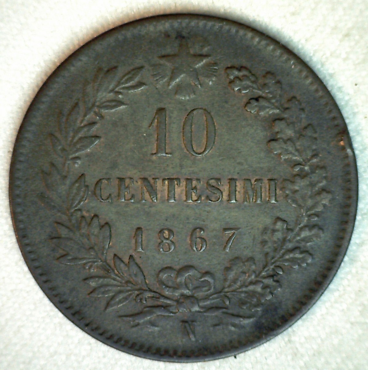 1867 N Italy Copper XF 10 Centesimi Coin Extra Fine Circ Vittorio