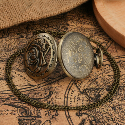 Vintage Quartz Pocket Watch with Bronze Case Rose Pattern Necklace Chain Amazon.com: Avaner Antique Bronze Retro Hollow Rose Flowers  main image 4