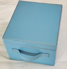 Storage Box Blue Hinged Lid Handle Faux Leather Black Interior 8.5x7.5x5.5" -B