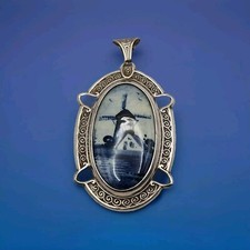 Vintage Silver 835 Filigree & Delft  Blue Porcelain Dutch Windmill Pendant