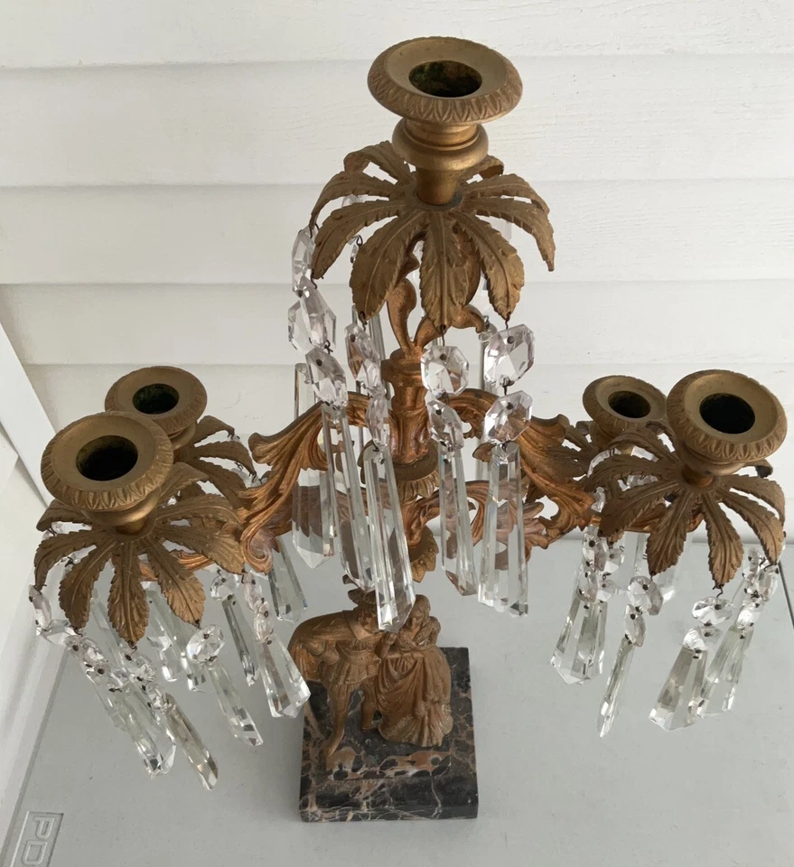 ANTIQUE VICTORIAN BRASS CANDELABRA,5 ARM CANDLE HOLDERS,GLASS PRISMS,MARBLE BASE - Image 3 of 4