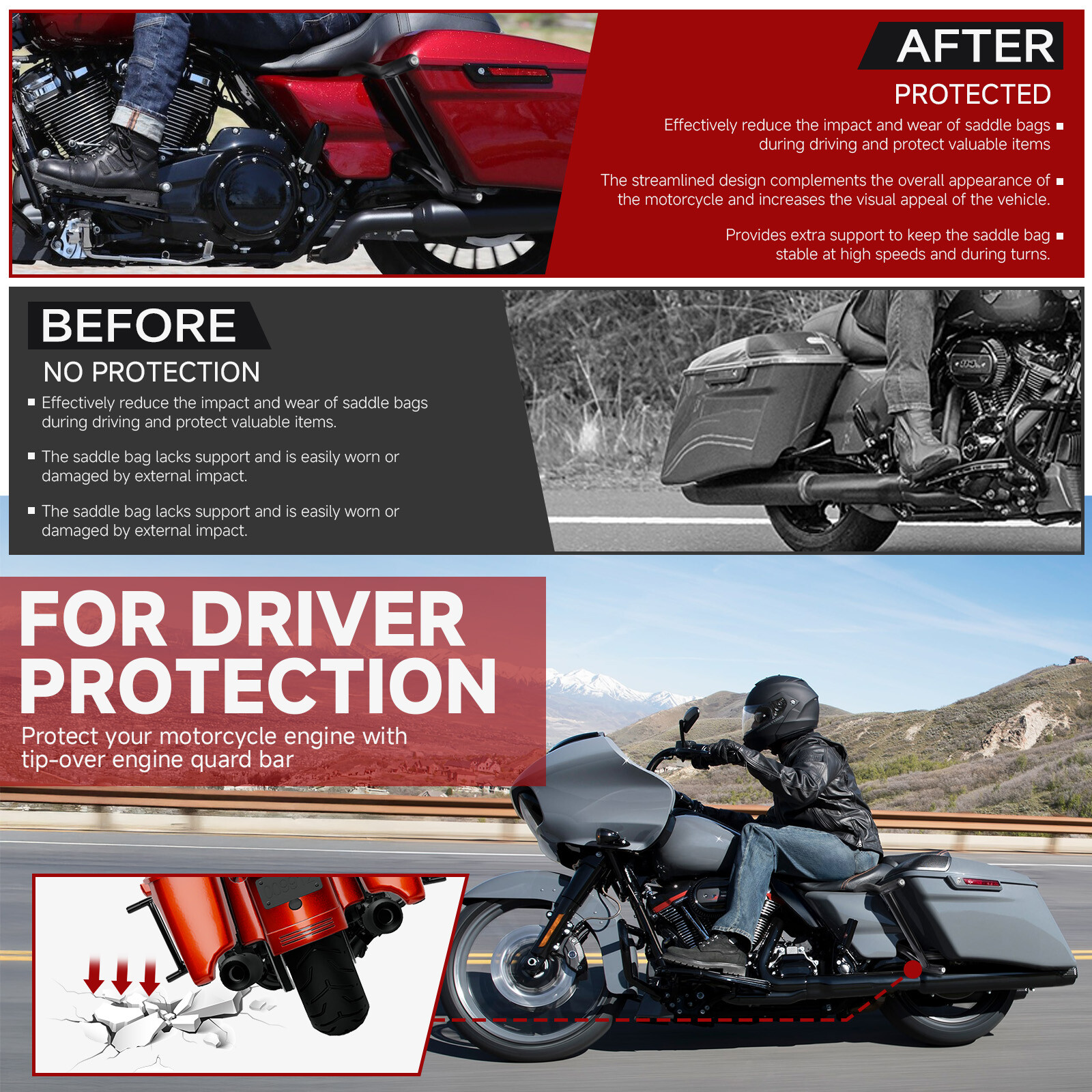 Front Engine Guard Crash Bar & Rear Saddlebag Crash Bar For Harley Touring 09-UP