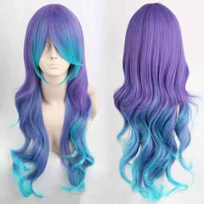 Long Curly Teal Blue Purple Two Tone Cosplay Ombre Wig Halloween Anime Costume
