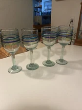 Mexican Handblown Glass Wine/Goblet Glass Set of 4 Blue/Green Rings Heavy 9”