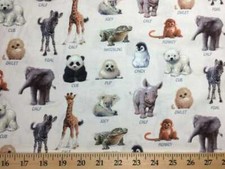 Safari Zoo Baby Animal Names Elephant Giraffe Monkey Zebra Cream Cotton Fabric