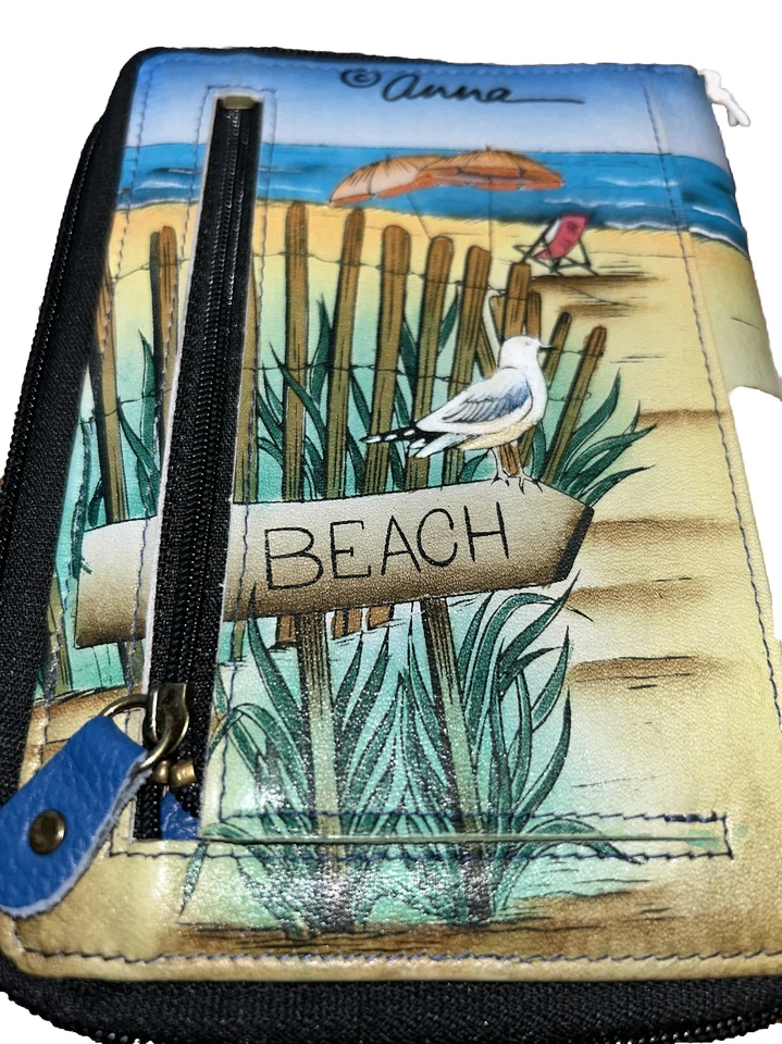 ANNA ANUSCHKA ~ DÍA DE LA PLAYA CUERO PINTADO A MANO ~ CARTERA DE PULSERA ~ Hecho a mano ~ RARO Foto 4 de 4