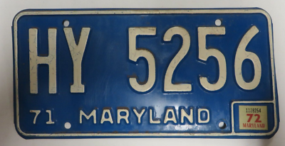 L⇔R MAP EAST CD欠品 Vintage 1971 MARYLAND License Plate Tag #HY 5256 Blue w/ White