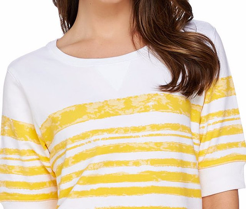 Denim & Co. Top a rayas pintadas de felpa francesa activa oro amarillo XS A252804 - Imagen 2 de 4