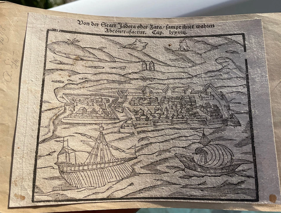 Impresión en madera de Sebastian Münster 1572 vista a la ciudad del río Foto 2 de 4