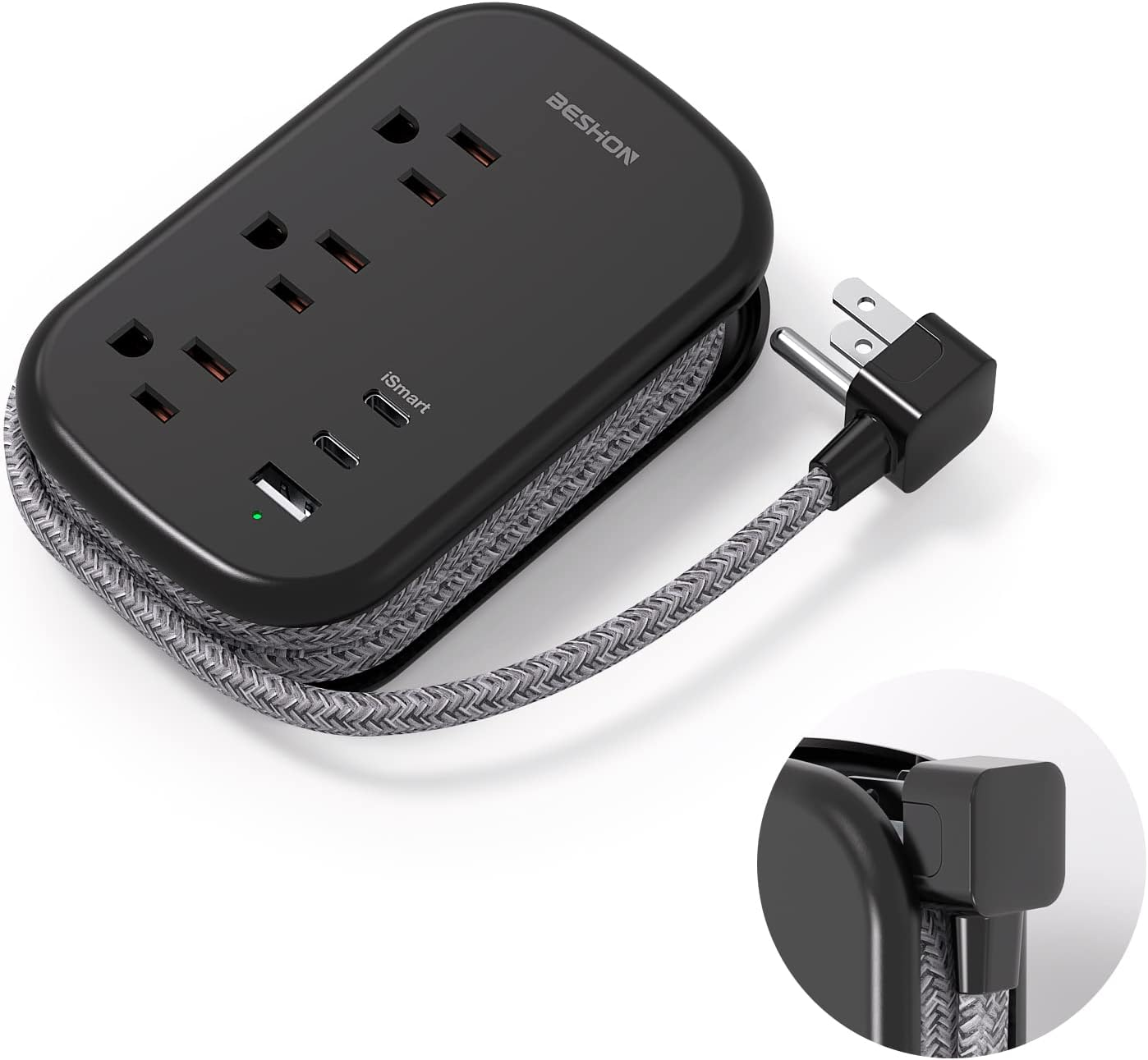 Ultra-Flat USB C Travel Power Strip with 3 Outlets and Flat Plug Design
