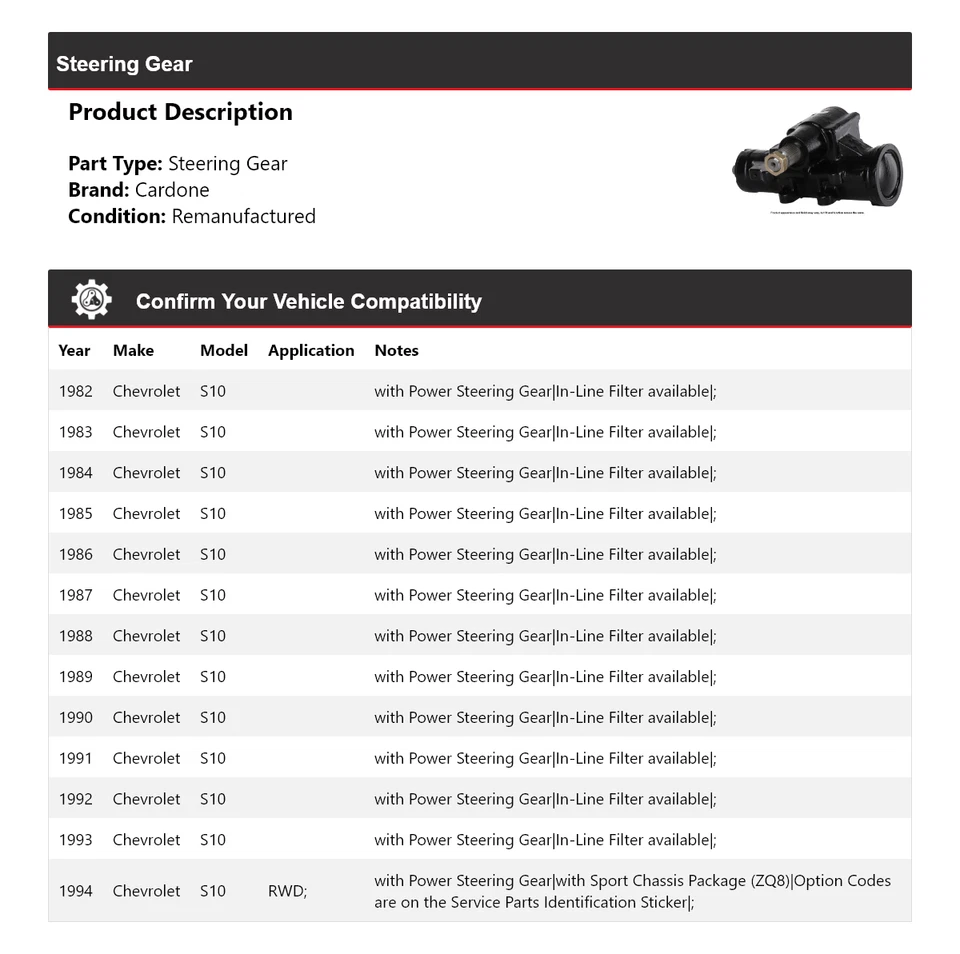 Para Chevrolet S10 1982-1994 engranaje de dirección Cardone 1983 1984 1985 1986 1987 1988 Foto 2 de 4