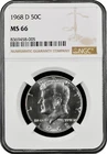 1968-D  KENNEDY  US Half Dollar,   MS66 by NGC,   an EXQUISITE looking coin!!!!