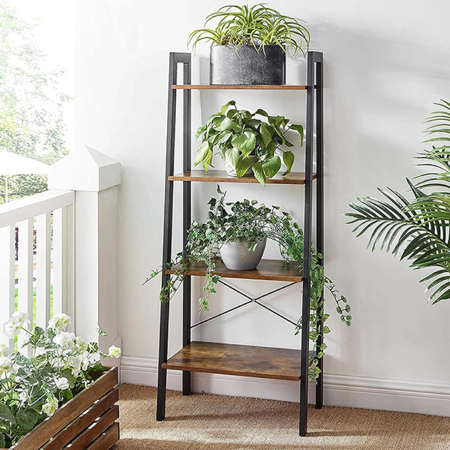 Ekkio 4Tiers Metal Wood Ladder Shelf Display Storage Bookshelf Plant