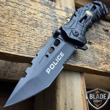 8" Black POLICE Spring Assisted Open Tactical Rescue Folding Pocket Knife NEW!