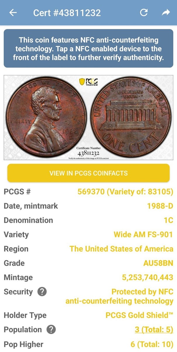 1988 D Wide AM FS-901 Lincoln Penny AU58 