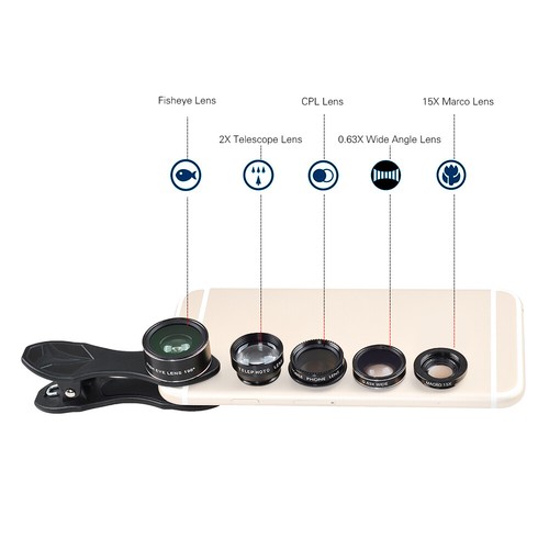APEXEL APL-DG5H 5 in 1 Cellphone Lens Kit 198° Fisheye Lens 0.63X Wide J3S6 - Zdjęcie 8 z 10
