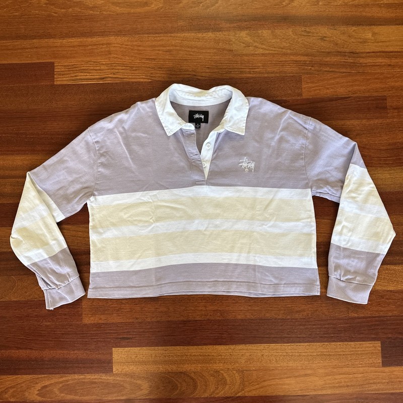 Stussy Women’s Cropped Rugby Polo Shirt Pullover Striped Y2K Skate Surf Retro 6