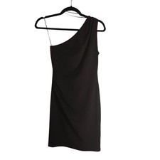 Jump Apparel Womens Black One Shoulder Ruched Draped Cocktail Mini Dress Small