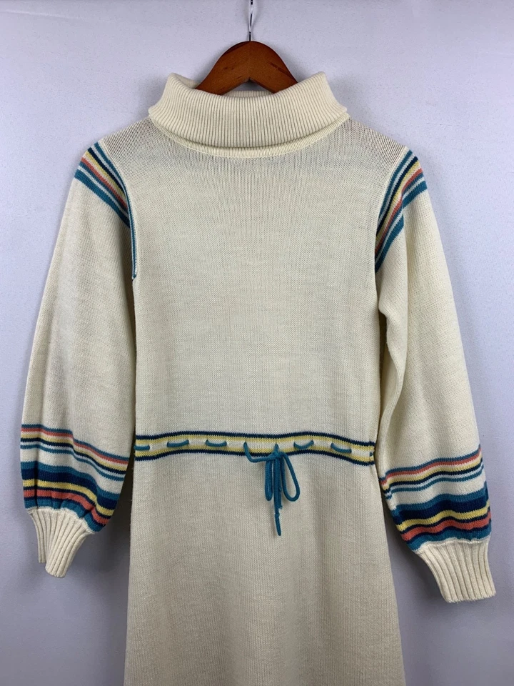 Vintage Cream Knit Dress With Striped Sleeves & Turtleneck - Image 2 of 4