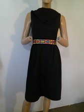 Vtg Mary Dobbsl Mod Asymmetrical Neckline Embroidered Waist Black Dress S