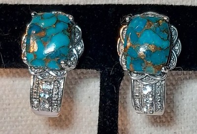 STS Karis Blue Mojave Turquoise & Rhinestones Pierced Earrings Signed Silvertone