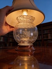 Vintage Clear Etched Glass Hurricane Candle Shade w/ Copper Base Floral 6  Tall