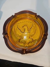 Vintage Federal Glass Amber Ashtray 9.5" Heavy Pressed Eagle & 7 Stars Design