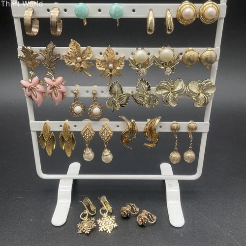 Vintage Gold Tone Costume Jewelry Clip-On Earrings Lot of 18 Pairs Floral Dangle