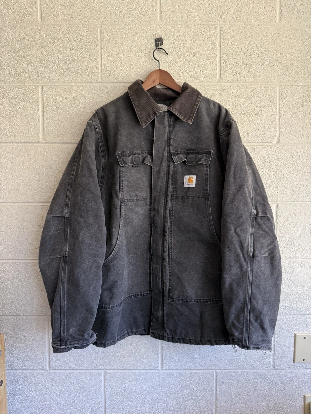 VTG Carhartt Jacket Mens Large Gray Duck Canvas Quilt Work Thrashed Coat Grunge