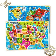 Vibrant Montessori Wooden Puzzles for Toddlers - USA  World Map Learning