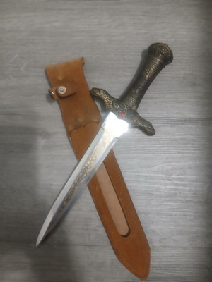 HEAVY 13'' Eagle Heads Dagger-Etched Blade-Bronze Tone Pakistan Fantasy w/Sheath