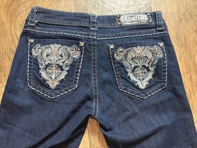 Rue 21 Premiere Jeans Womens Size 8 / 7 R Dark Blue Denim Embordered Packets