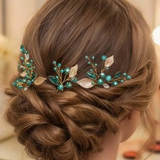 Green Rhinestone Bride Wedding Hair Pins Gold Bridal Hair Pieces Crystal Hair...