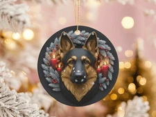 German Shepherd Christmas Ornament Winter Dog Candle Wreath Holiday Decor Gift