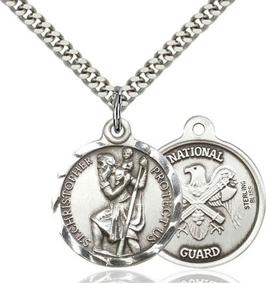 Sterling Silver St Christopher National Guard Medal Pendant Necklace 24''Chain