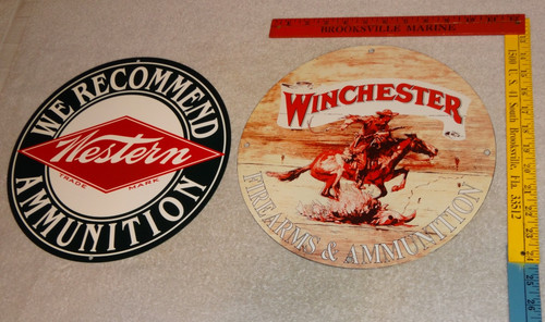 VINTAGE NOS WINCHESTER WESTERN HORSE MAN GUN 11 3/4 PORCELAIN METAL HUNTING SIGN