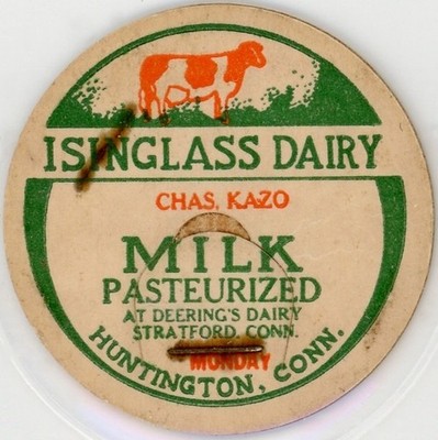 Milk Bottle Cap- Isinglass Dairy - Huntington, CT (Connecticut)- CHAS. KAZO-(#1)