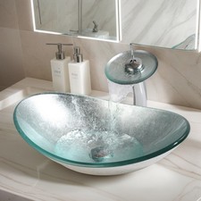 Blue Silver Bathroom Vessel Sink Oval Tempered Glass Basin Bowl With Tap & Drain