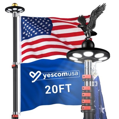 Yescom EZ GO 20' Telescopic Flag Pole Kit Solar Light US Flag Eagle Topper Black