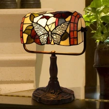 Tiffany Style Bankers Table Desk Lamp Stained Glass LED Bulb Lighted Artwork